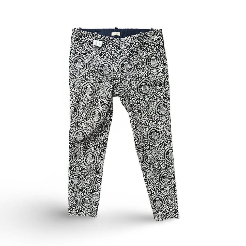 J. Crew Womens Skimmer Pants Black Damask Stretch City Fit Flat Front Size Small